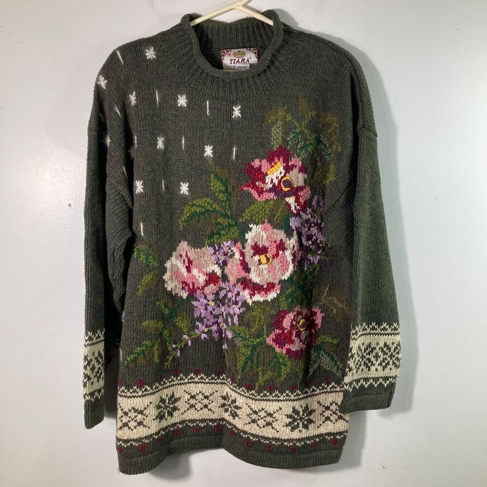 Womens Vintage 80s Tiara Floral Sweater Cottagecore 18/20 Ramie Cotton Other Gre